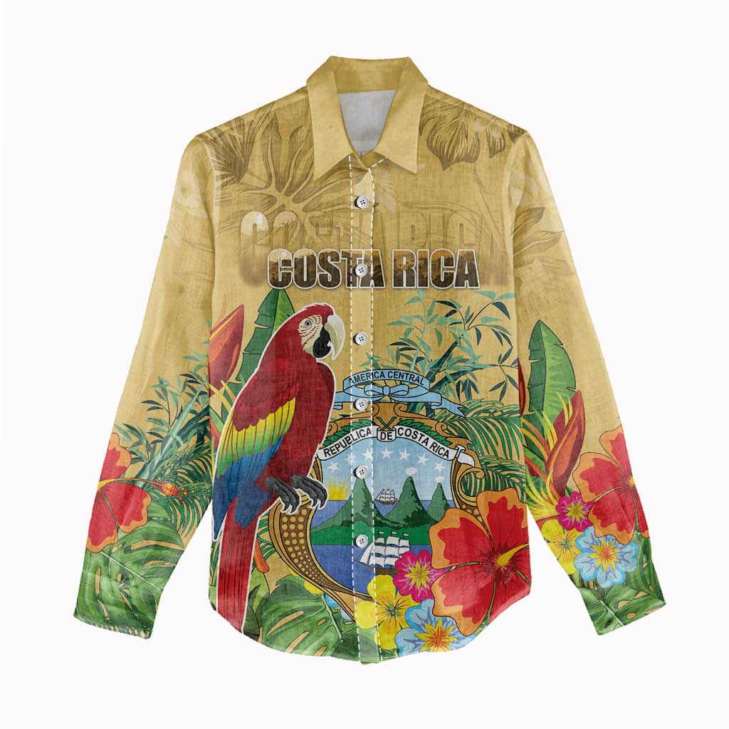 Costa Rica Independence Day Women Casual Shirt Scarlet Macaw Parrot Tropical Flowers - Wonder Print Shop