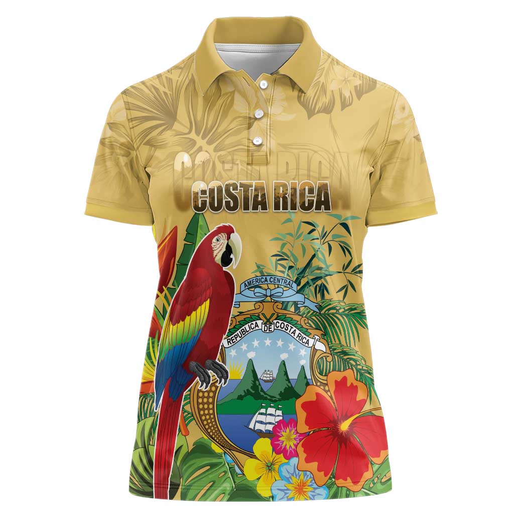 Costa Rica Independence Day Women Polo Shirt Scarlet Macaw Parrot Tropical Flowers - Wonder Print Shop