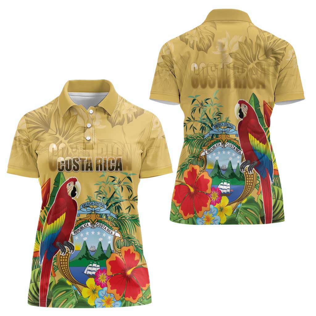 Costa Rica Independence Day Women Polo Shirt Scarlet Macaw Parrot Tropical Flowers - Wonder Print Shop
