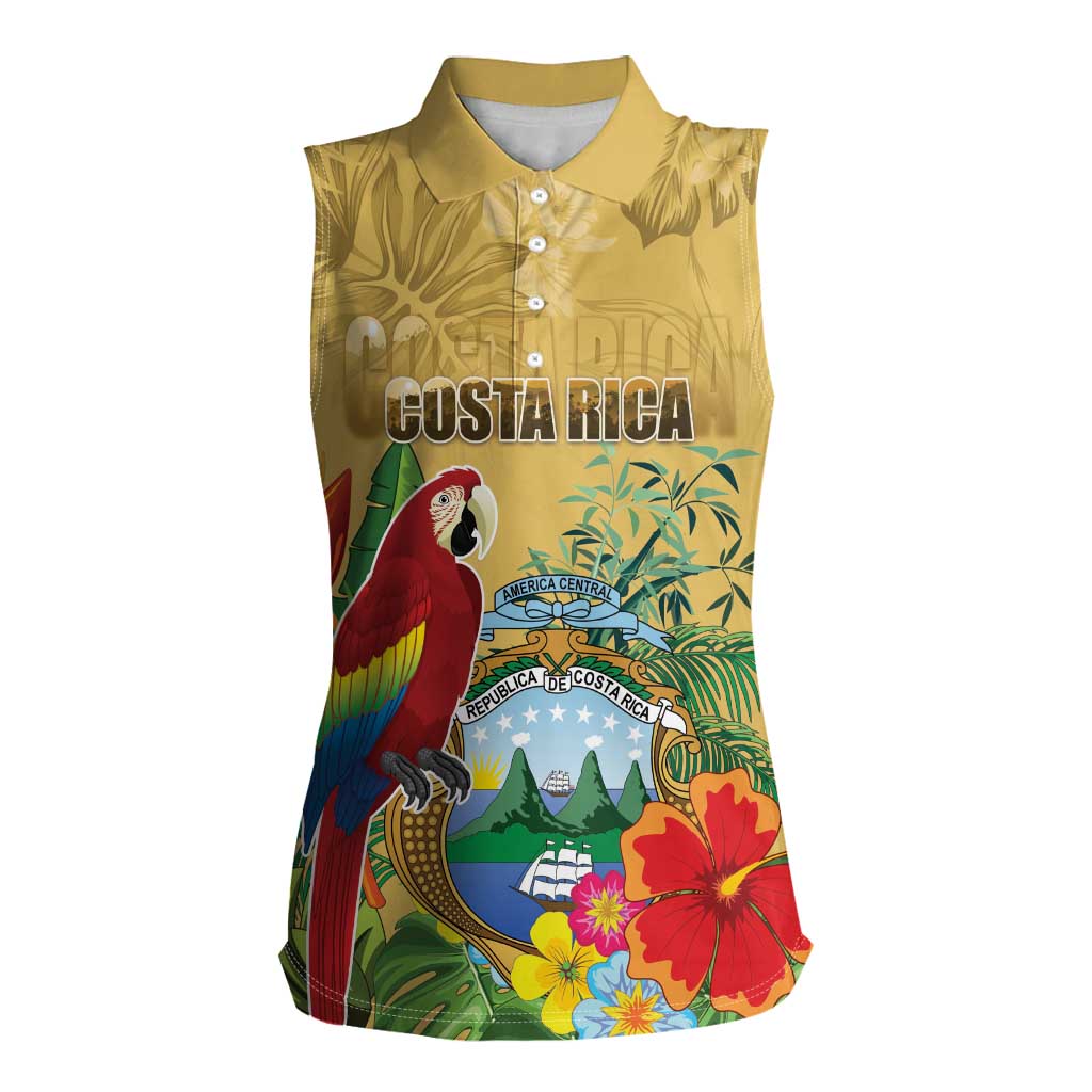 Costa Rica Independence Day Women Sleeveless Polo Shirt Scarlet Macaw Parrot Tropical Flowers - Wonder Print Shop