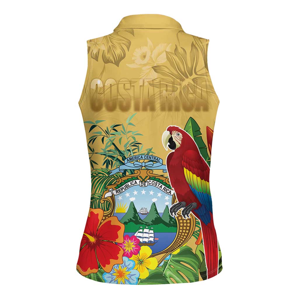 Costa Rica Independence Day Women Sleeveless Polo Shirt Scarlet Macaw Parrot Tropical Flowers - Wonder Print Shop