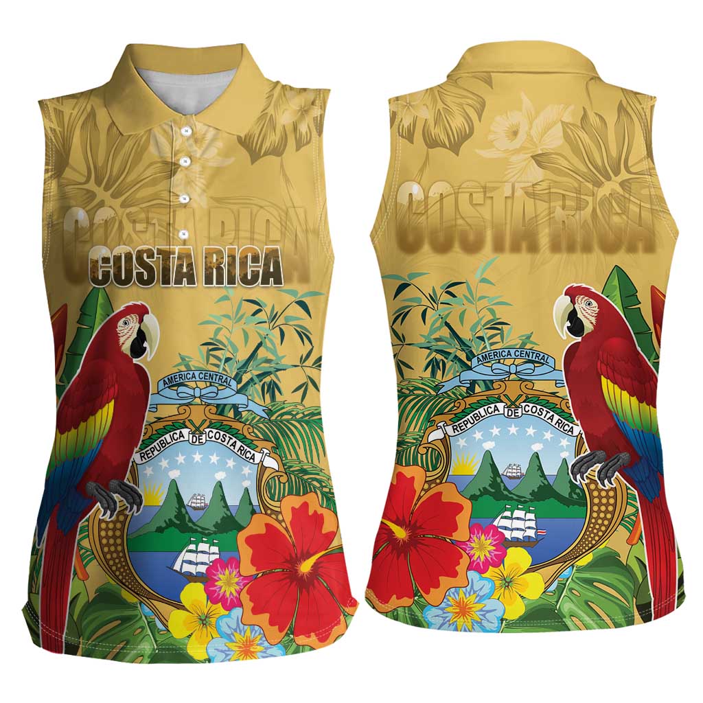 Costa Rica Independence Day Women Sleeveless Polo Shirt Scarlet Macaw Parrot Tropical Flowers - Wonder Print Shop