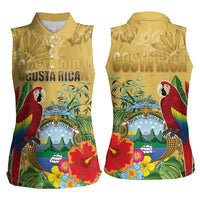 Costa Rica Independence Day Women Sleeveless Polo Shirt Scarlet Macaw Parrot Tropical Flowers - Wonder Print Shop