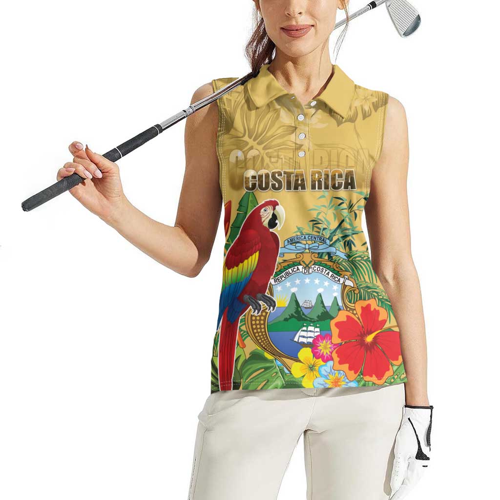 Costa Rica Independence Day Women Sleeveless Polo Shirt Scarlet Macaw Parrot Tropical Flowers - Wonder Print Shop