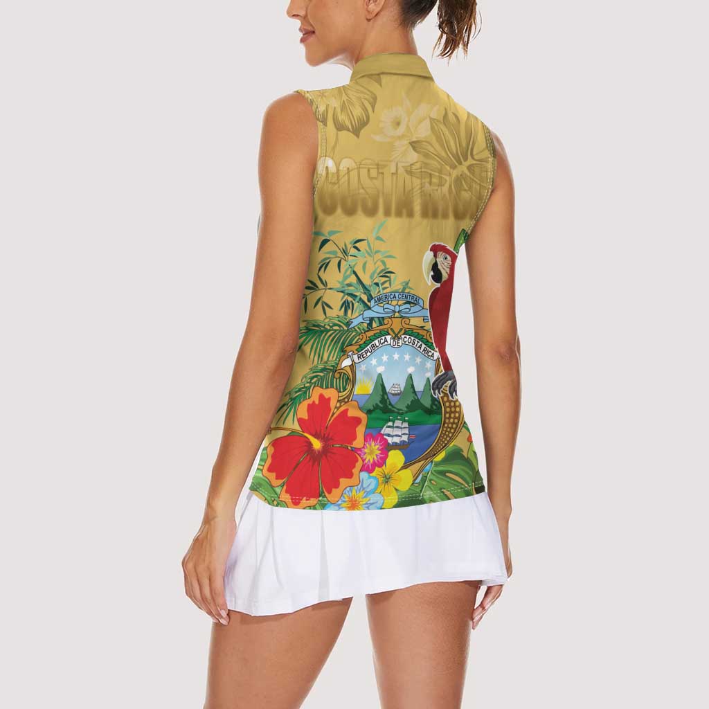 Costa Rica Independence Day Women Sleeveless Polo Shirt Scarlet Macaw Parrot Tropical Flowers - Wonder Print Shop