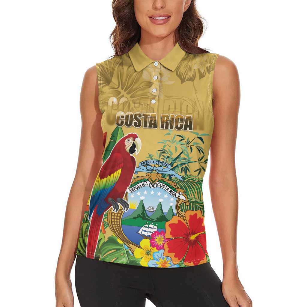 Costa Rica Independence Day Women Sleeveless Polo Shirt Scarlet Macaw Parrot Tropical Flowers - Wonder Print Shop