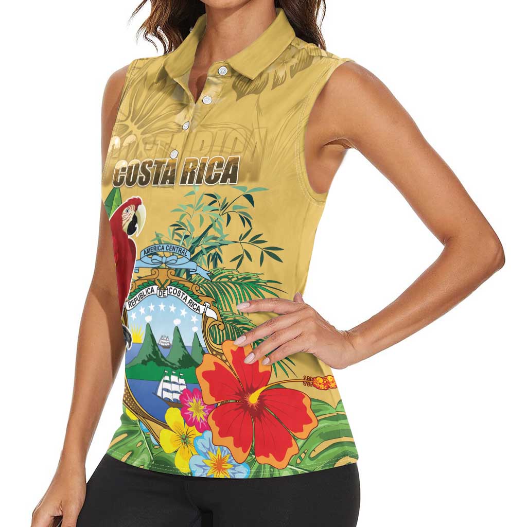 Costa Rica Independence Day Women Sleeveless Polo Shirt Scarlet Macaw Parrot Tropical Flowers - Wonder Print Shop