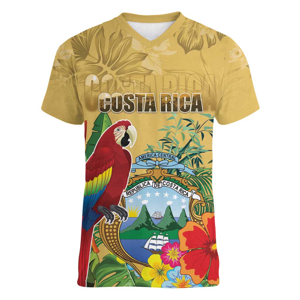 Costa Rica Independence Day Women V-Neck T-Shirt Scarlet Macaw Parrot Tropical Flowers - Wonder Print Shop