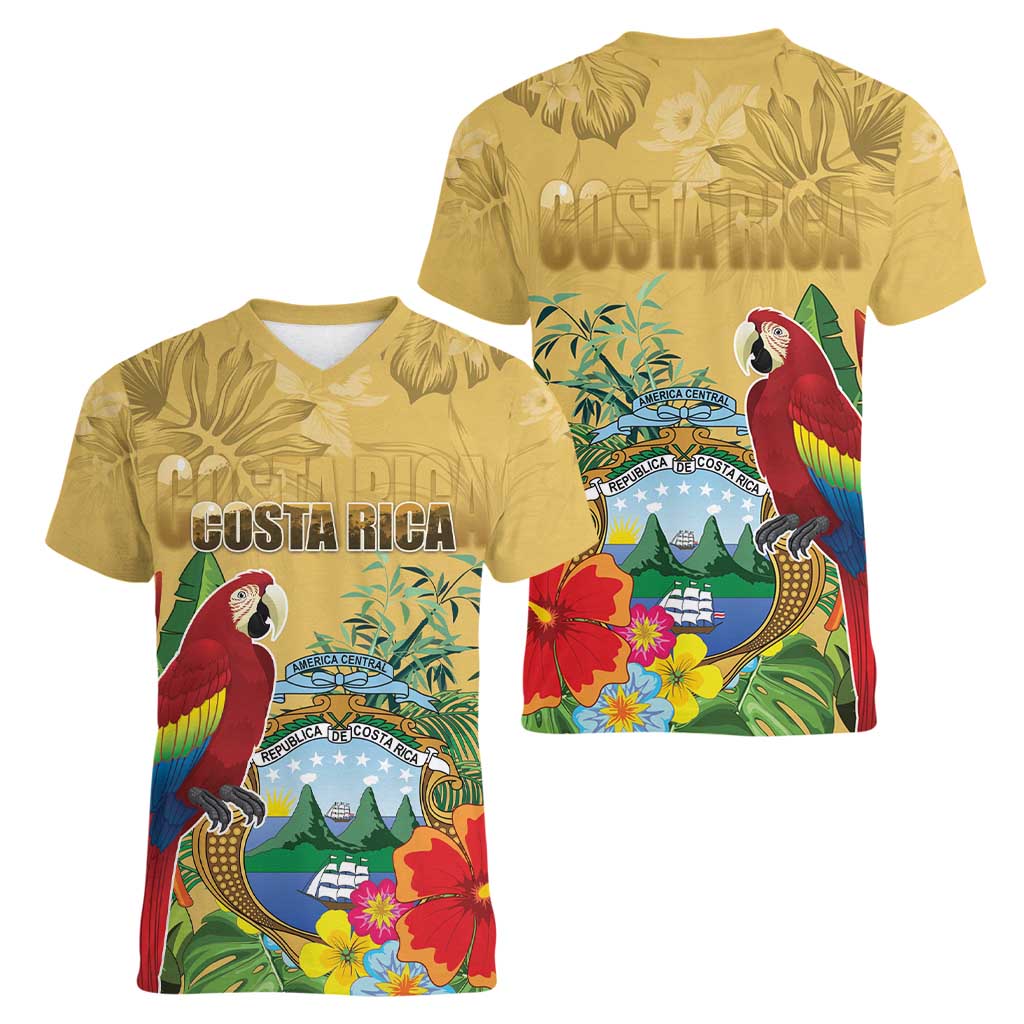 Costa Rica Independence Day Women V-Neck T-Shirt Scarlet Macaw Parrot Tropical Flowers - Wonder Print Shop
