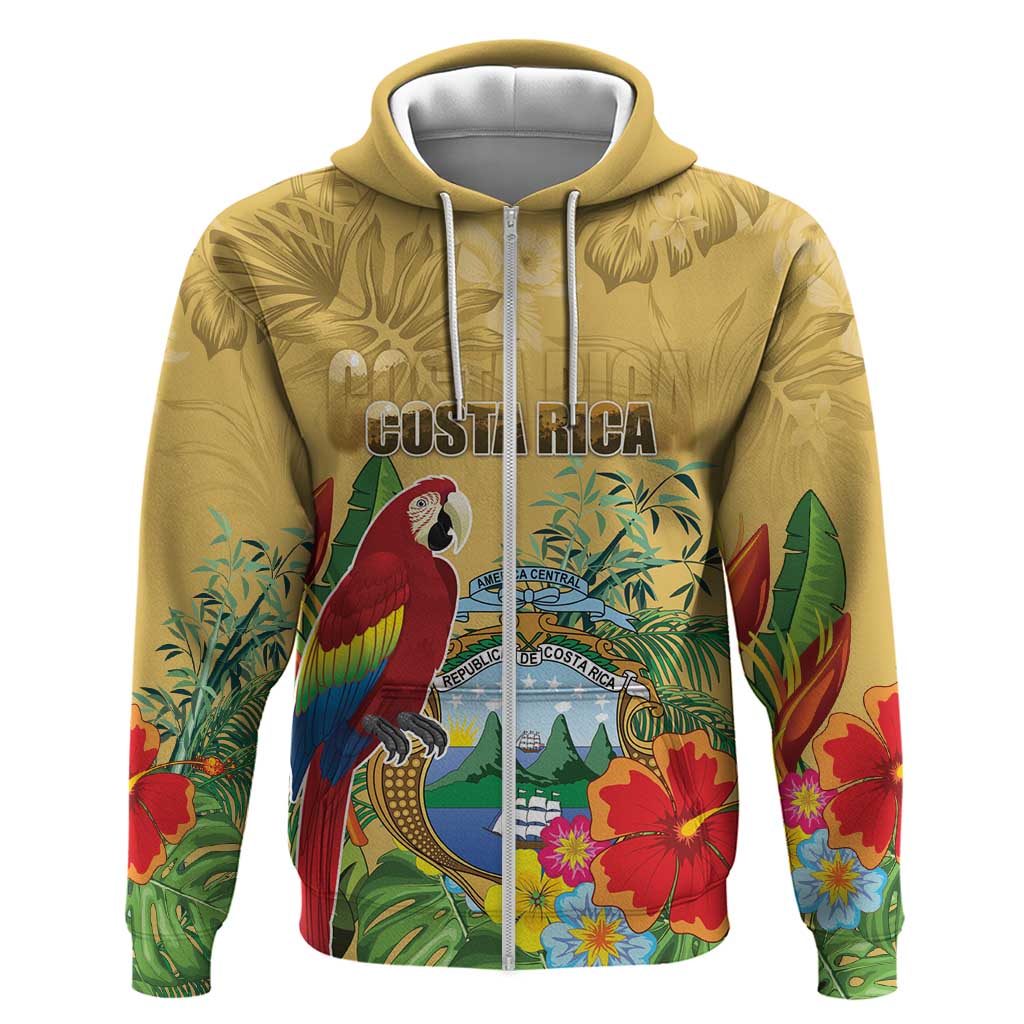 Costa Rica Independence Day Zip Hoodie Scarlet Macaw Parrot Tropical Flowers - Wonder Print Shop