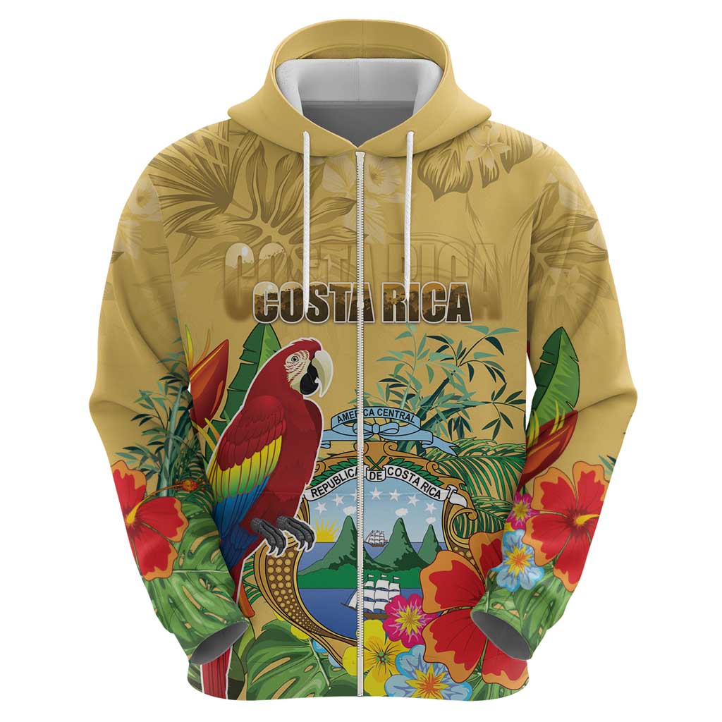Costa Rica Independence Day Zip Hoodie Scarlet Macaw Parrot Tropical Flowers - Wonder Print Shop