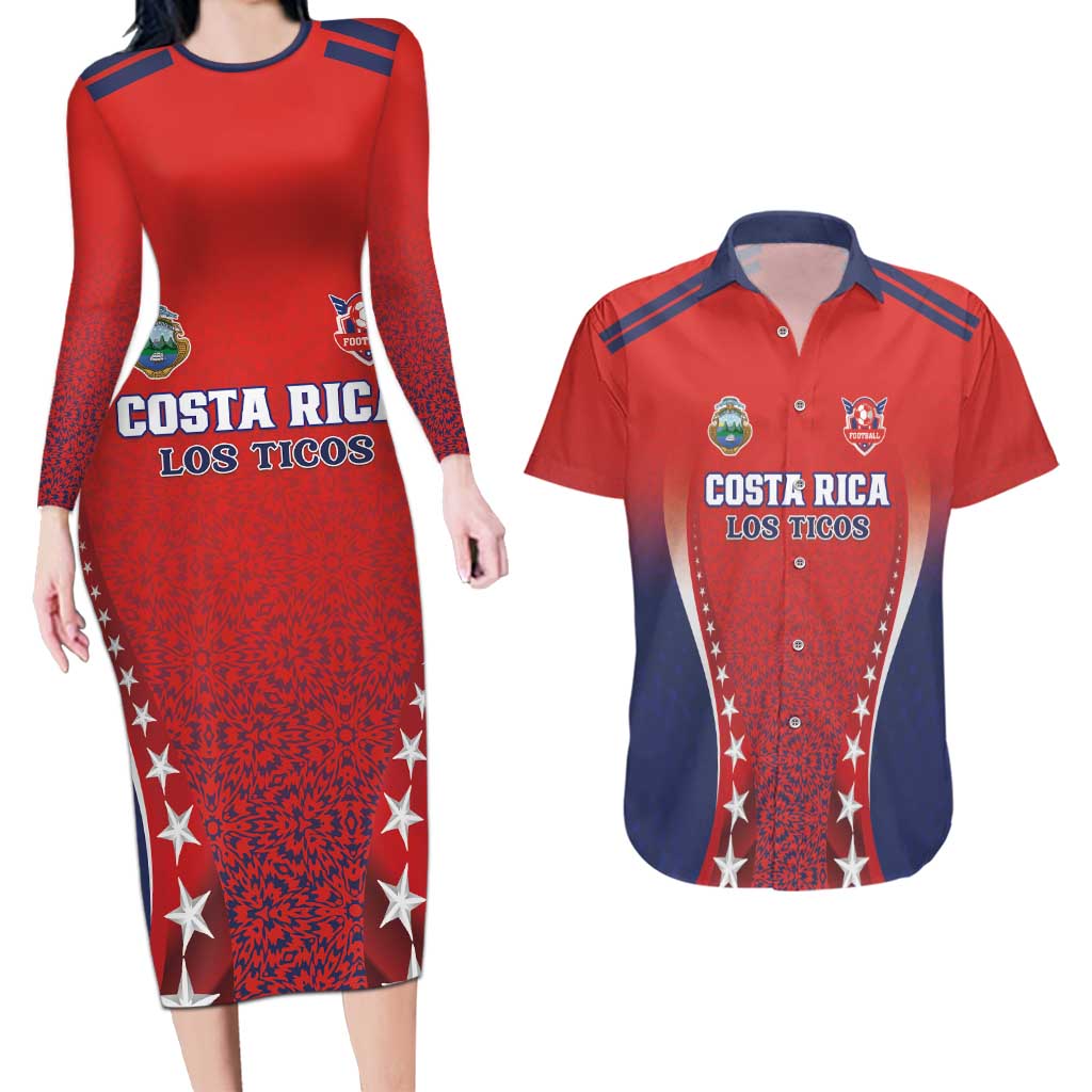 Custom Costa Rica Football Couples Matching Long Sleeve Bodycon Dress and Hawaiian Shirt Los Ticos Sporty Style - Wonder Print Shop