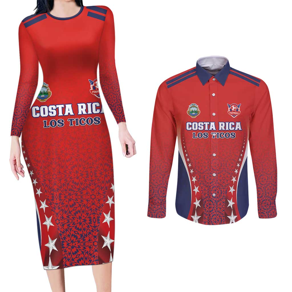 Custom Costa Rica Football Couples Matching Long Sleeve Bodycon Dress and Long Sleeve Button Shirt Los Ticos Sporty Style - Wonder Print Shop