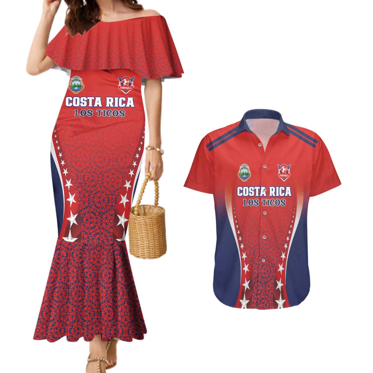 Custom Costa Rica Football Couples Matching Mermaid Dress and Hawaiian Shirt Los Ticos Sporty Style - Wonder Print Shop