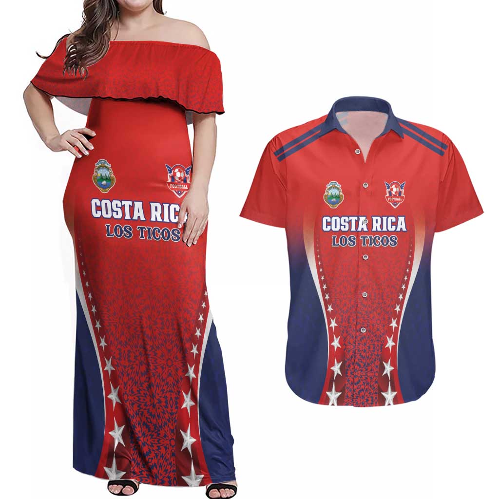 Custom Costa Rica Football Couples Matching Off Shoulder Maxi Dress and Hawaiian Shirt Los Ticos Sporty Style - Wonder Print Shop