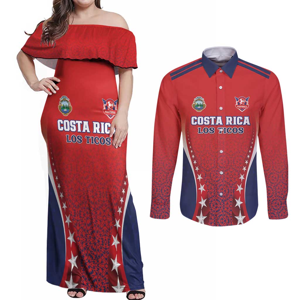 Custom Costa Rica Football Couples Matching Off Shoulder Maxi Dress and Long Sleeve Button Shirt Los Ticos Sporty Style - Wonder Print Shop