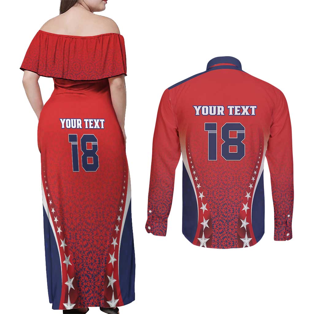 Custom Costa Rica Football Couples Matching Off Shoulder Maxi Dress and Long Sleeve Button Shirt Los Ticos Sporty Style - Wonder Print Shop