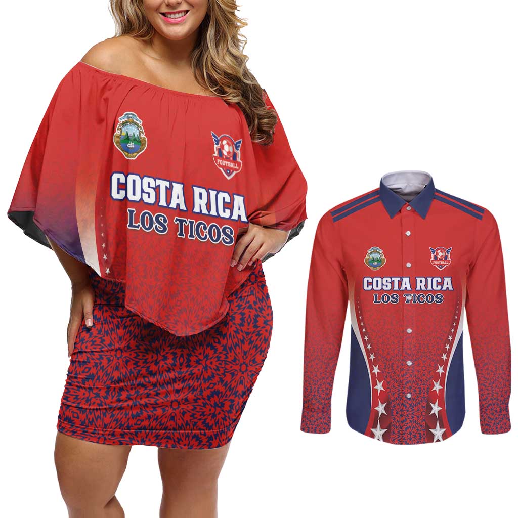 Custom Costa Rica Football Couples Matching Off Shoulder Short Dress and Long Sleeve Button Shirt Los Ticos Sporty Style - Wonder Print Shop