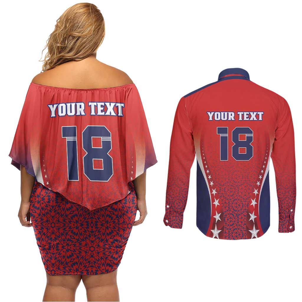 Custom Costa Rica Football Couples Matching Off Shoulder Short Dress and Long Sleeve Button Shirt Los Ticos Sporty Style - Wonder Print Shop