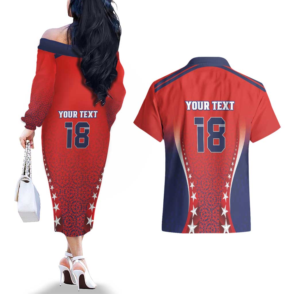 Custom Costa Rica Football Couples Matching Off The Shoulder Long Sleeve Dress and Hawaiian Shirt Los Ticos Sporty Style - Wonder Print Shop