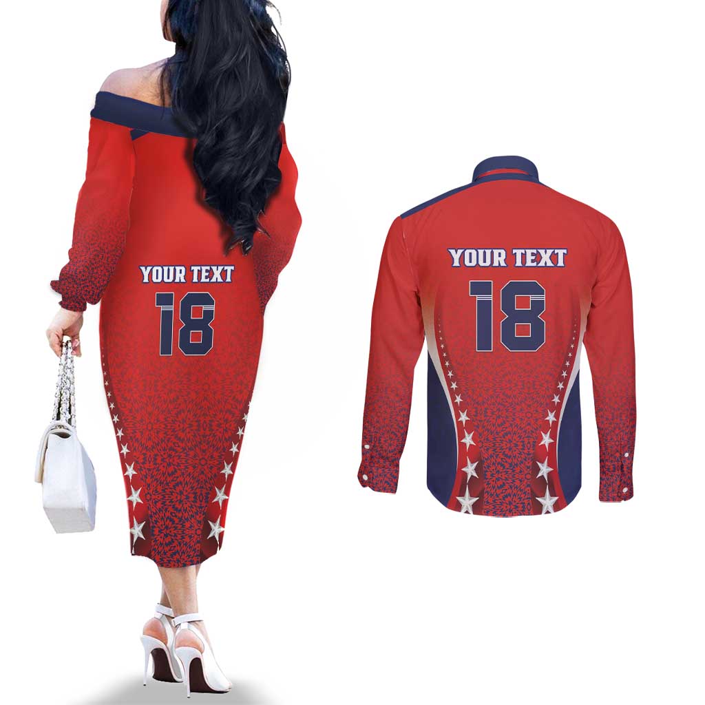 Custom Costa Rica Football Couples Matching Off The Shoulder Long Sleeve Dress and Long Sleeve Button Shirt Los Ticos Sporty Style - Wonder Print Shop