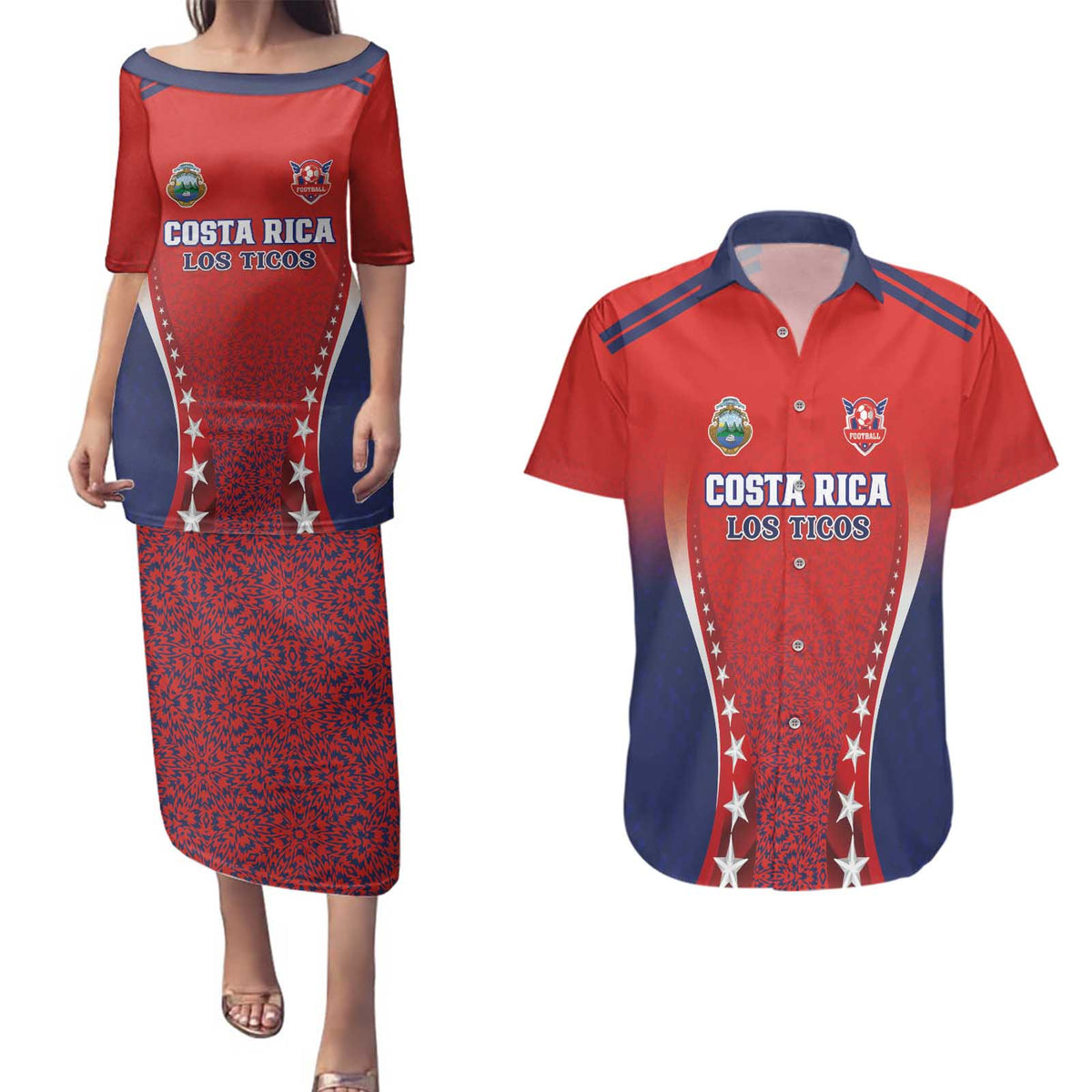 Custom Costa Rica Football Couples Matching Puletasi and Hawaiian Shirt Los Ticos Sporty Style - Wonder Print Shop