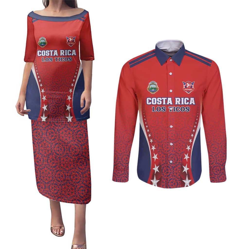Custom Costa Rica Football Couples Matching Puletasi and Long Sleeve Button Shirt Los Ticos Sporty Style - Wonder Print Shop