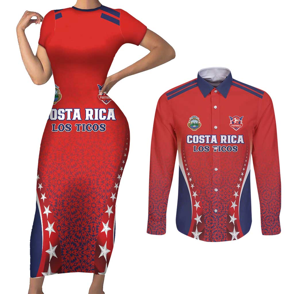 Custom Costa Rica Football Couples Matching Short Sleeve Bodycon Dress and Long Sleeve Button Shirt Los Ticos Sporty Style - Wonder Print Shop