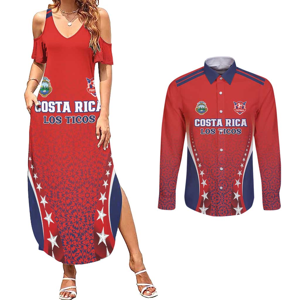Custom Costa Rica Football Couples Matching Summer Maxi Dress and Long Sleeve Button Shirt Los Ticos Sporty Style - Wonder Print Shop