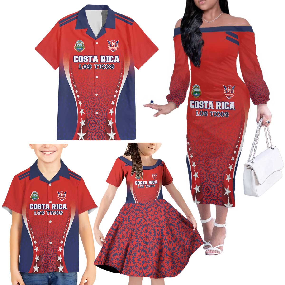 Custom Costa Rica Football Family Matching Off The Shoulder Long Sleeve Dress and Hawaiian Shirt Los Ticos Sporty Style - Wonder Print Shop