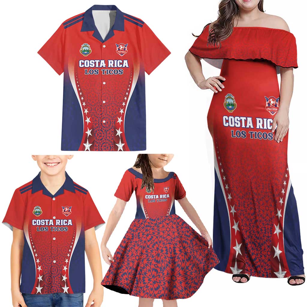 Custom Costa Rica Football Family Matching Off Shoulder Maxi Dress and Hawaiian Shirt Los Ticos Sporty Style - Wonder Print Shop