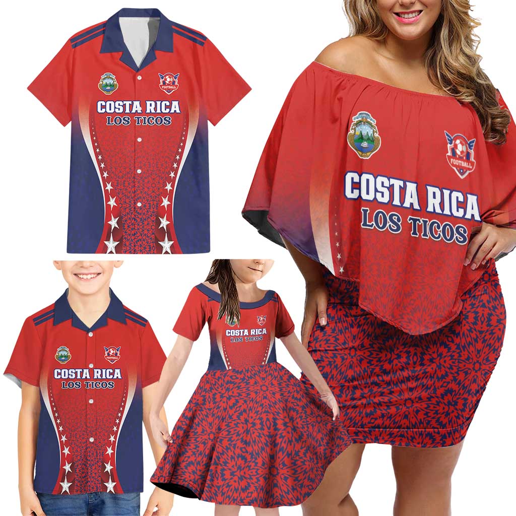 Custom Costa Rica Football Family Matching Off Shoulder Short Dress and Hawaiian Shirt Los Ticos Sporty Style - Wonder Print Shop