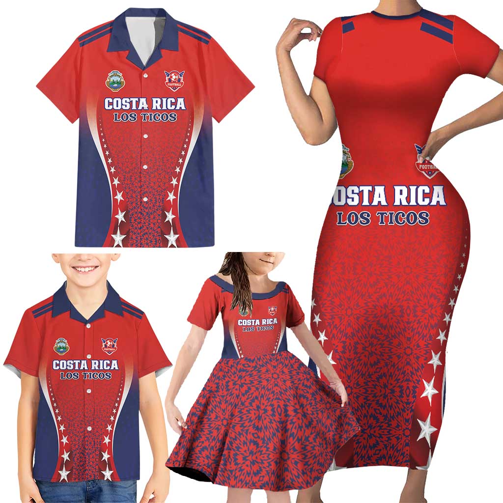 Custom Costa Rica Football Family Matching Short Sleeve Bodycon Dress and Hawaiian Shirt Los Ticos Sporty Style - Wonder Print Shop