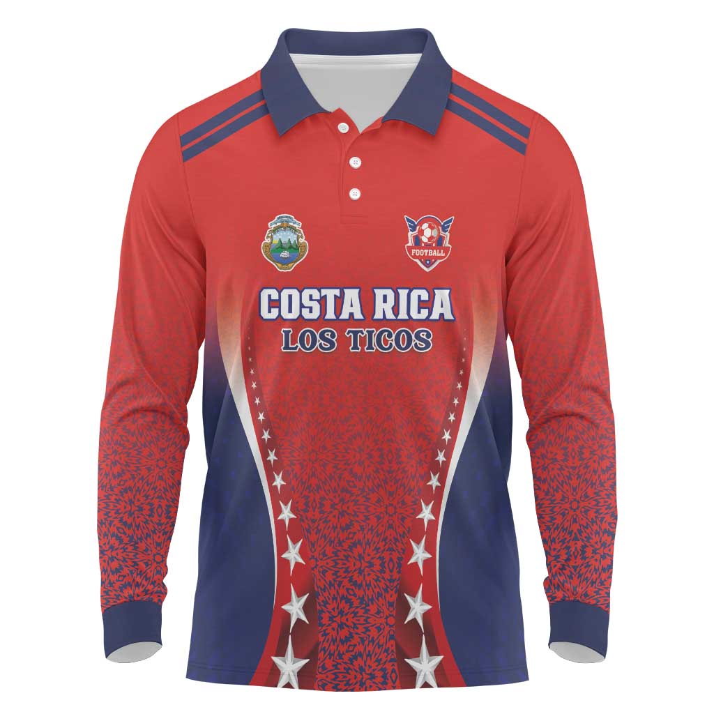 Custom Costa Rica Football Long Sleeve Polo Shirt Los Ticos Sporty Style - Wonder Print Shop
