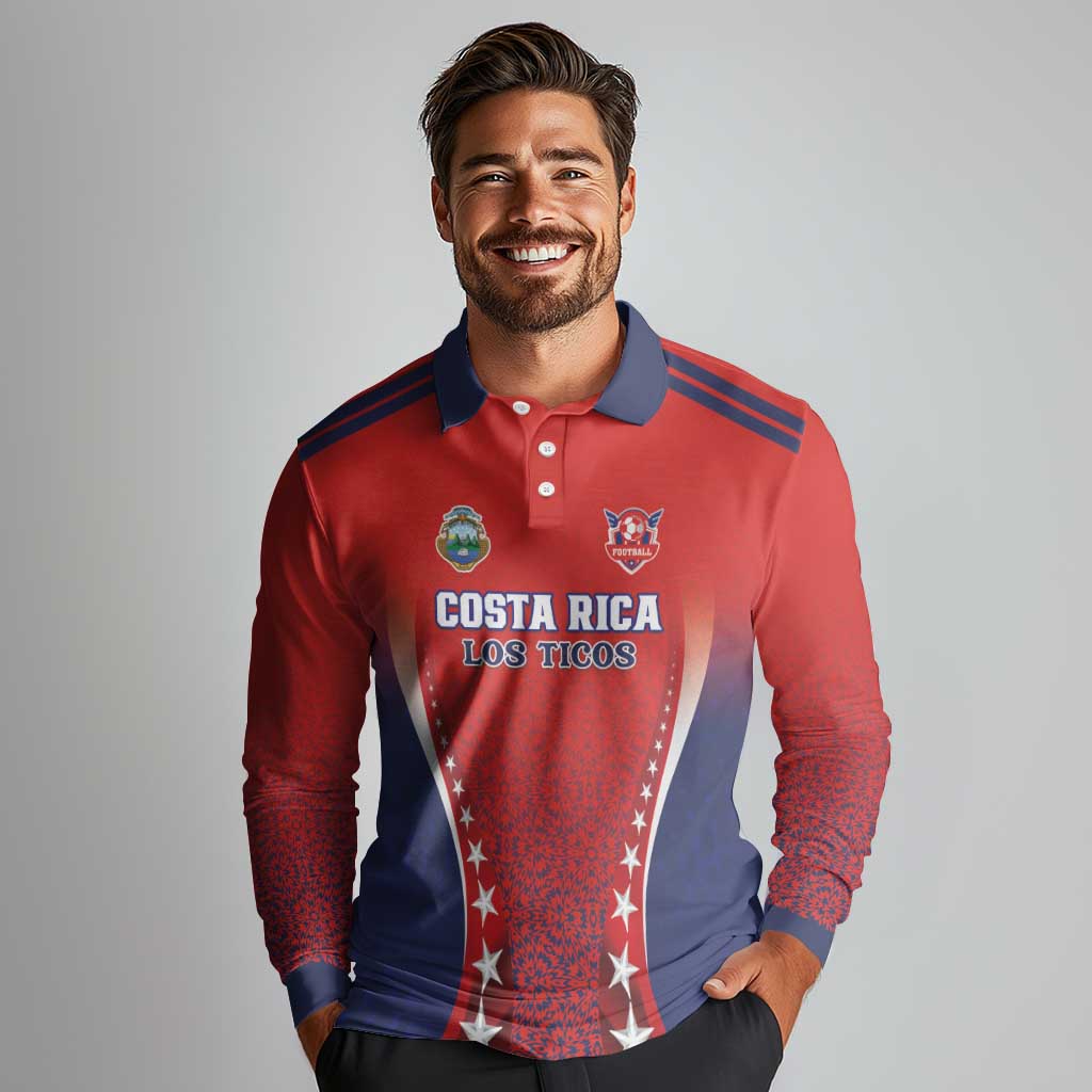 Custom Costa Rica Football Long Sleeve Polo Shirt Los Ticos Sporty Style - Wonder Print Shop