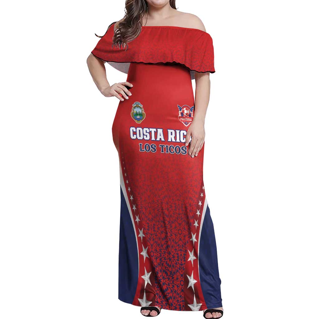 Custom Costa Rica Football Off Shoulder Maxi Dress Los Ticos Sporty Style - Wonder Print Shop