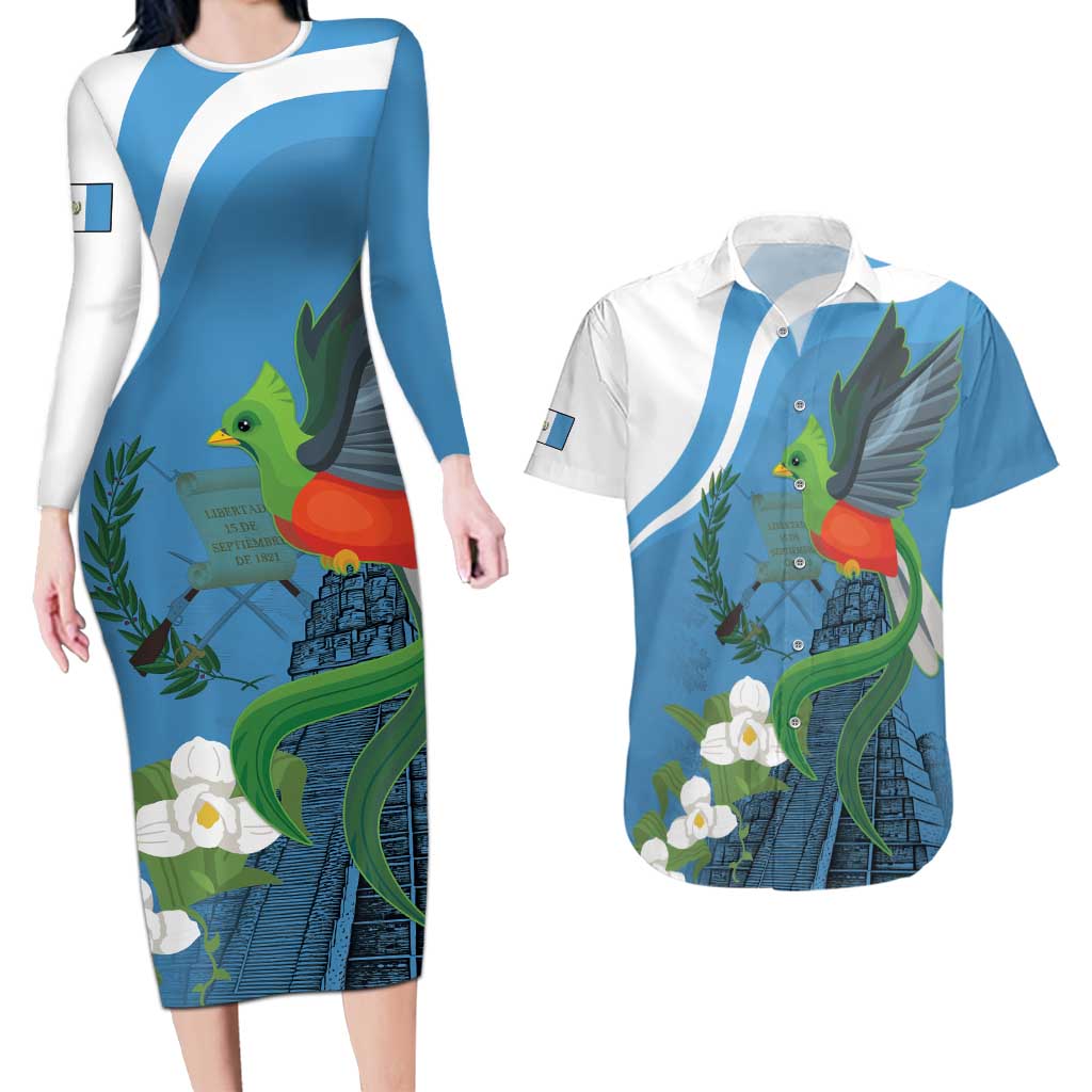 Guatemala Independence Day Couples Matching Long Sleeve Bodycon Dress and Hawaiian Shirt Guatemalan Quetzal Libre Crezca Fecundo - Wonder Print Shop