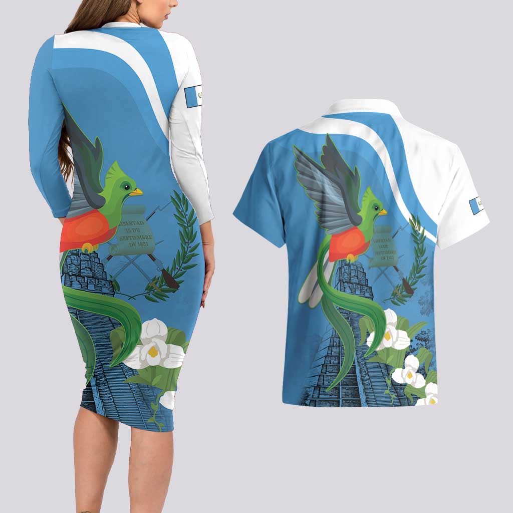 Guatemala Independence Day Couples Matching Long Sleeve Bodycon Dress and Hawaiian Shirt Guatemalan Quetzal Libre Crezca Fecundo - Wonder Print Shop