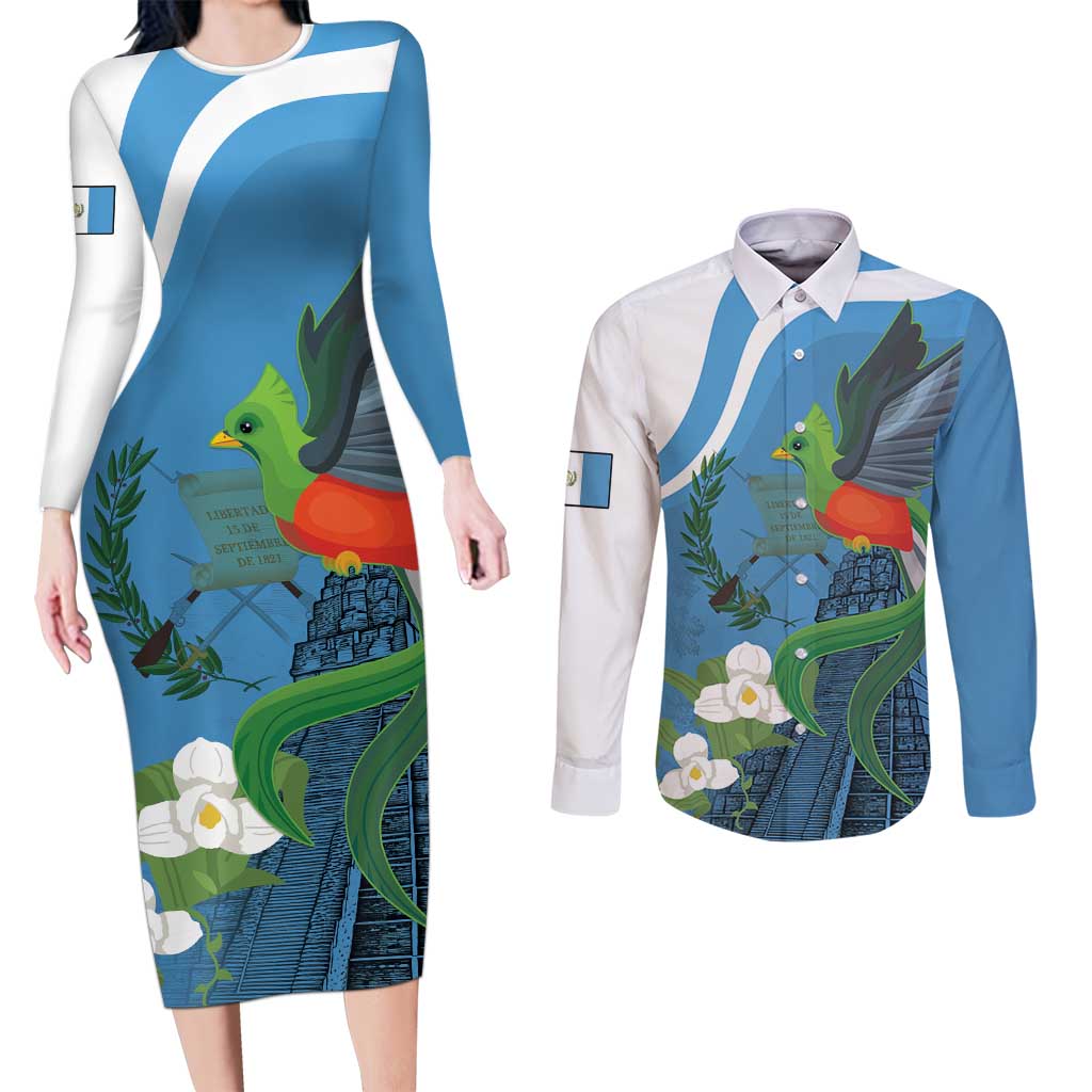 Guatemala Independence Day Couples Matching Long Sleeve Bodycon Dress and Long Sleeve Button Shirt Guatemalan Quetzal Libre Crezca Fecundo - Wonder Print Shop