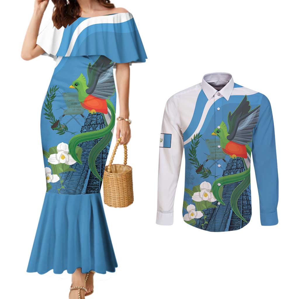 Guatemala Independence Day Couples Matching Mermaid Dress and Long Sleeve Button Shirt Guatemalan Quetzal Libre Crezca Fecundo - Wonder Print Shop