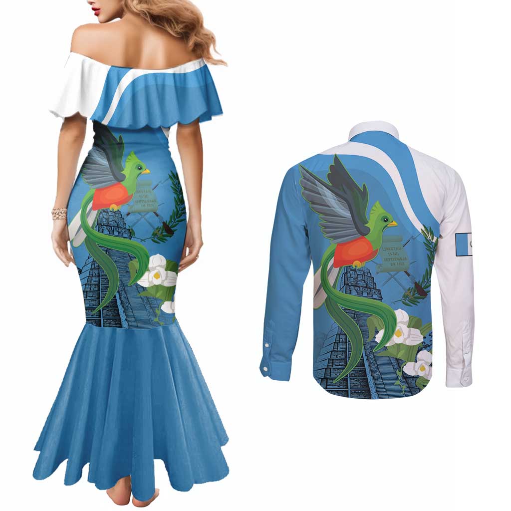 Guatemala Independence Day Couples Matching Mermaid Dress and Long Sleeve Button Shirt Guatemalan Quetzal Libre Crezca Fecundo - Wonder Print Shop
