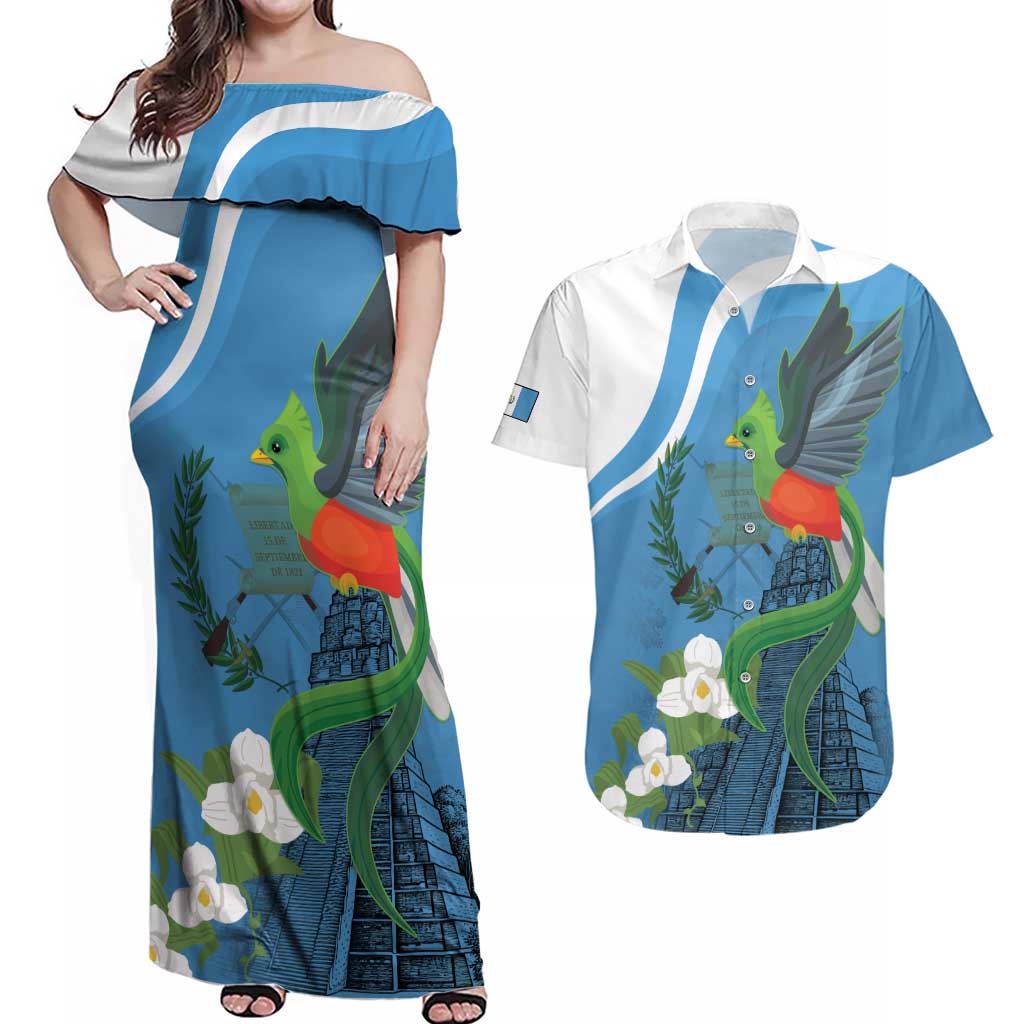 Guatemala Independence Day Couples Matching Off Shoulder Maxi Dress and Hawaiian Shirt Guatemalan Quetzal Libre Crezca Fecundo - Wonder Print Shop