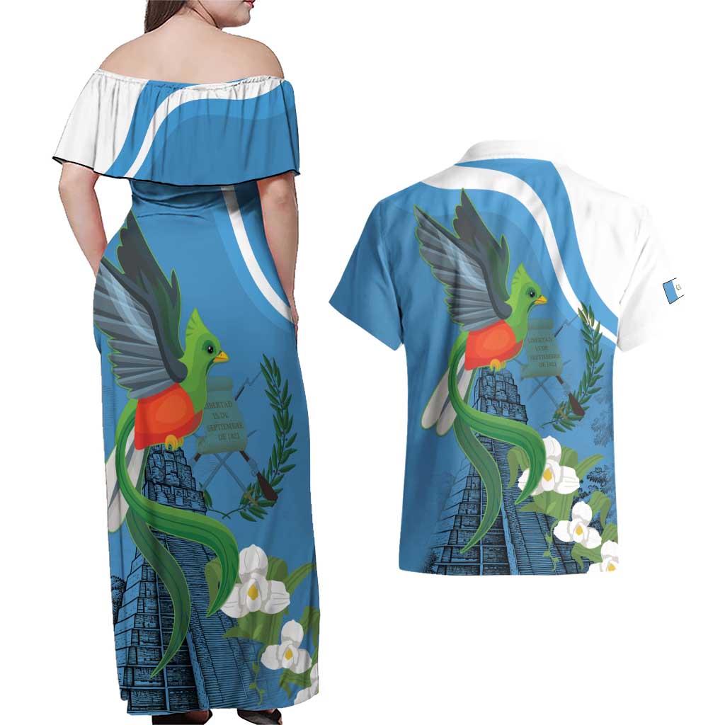 Guatemala Independence Day Couples Matching Off Shoulder Maxi Dress and Hawaiian Shirt Guatemalan Quetzal Libre Crezca Fecundo - Wonder Print Shop