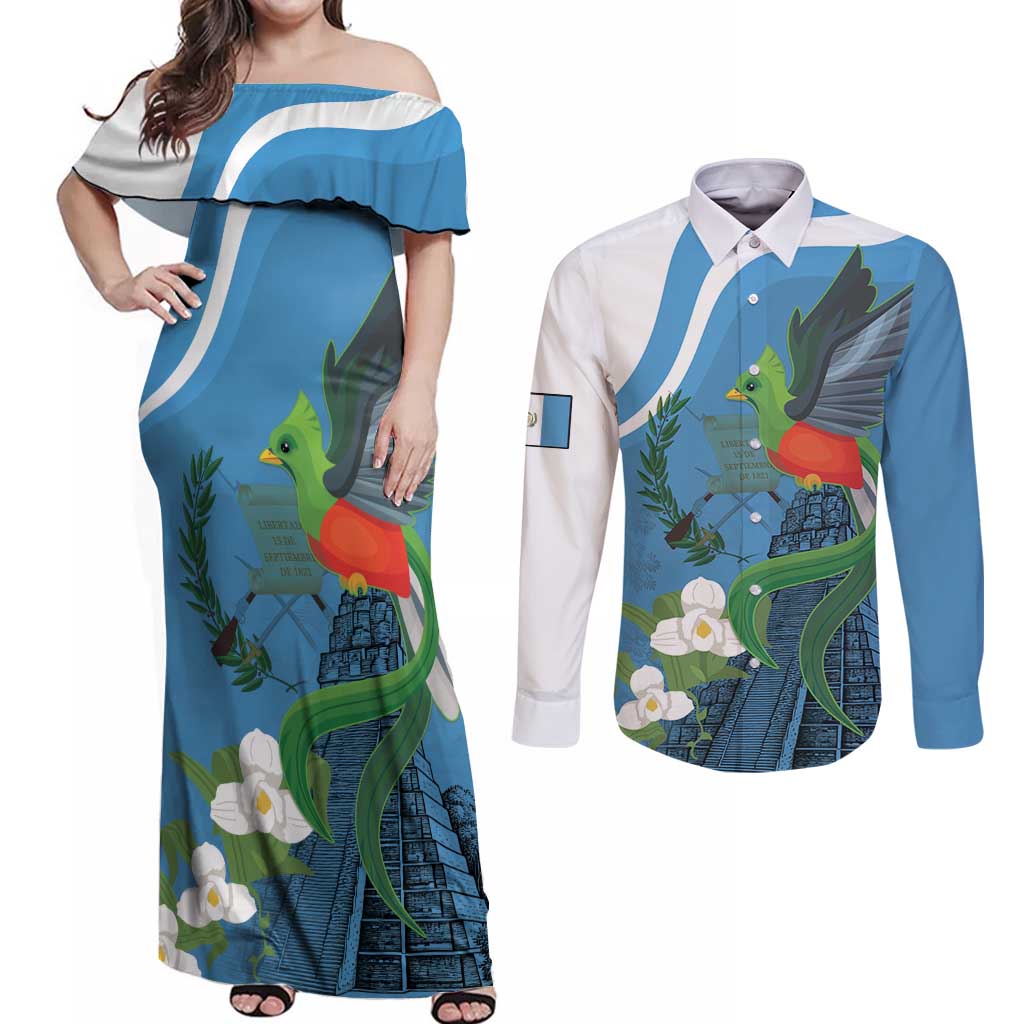 Guatemala Independence Day Couples Matching Off Shoulder Maxi Dress and Long Sleeve Button Shirt Guatemalan Quetzal Libre Crezca Fecundo - Wonder Print Shop