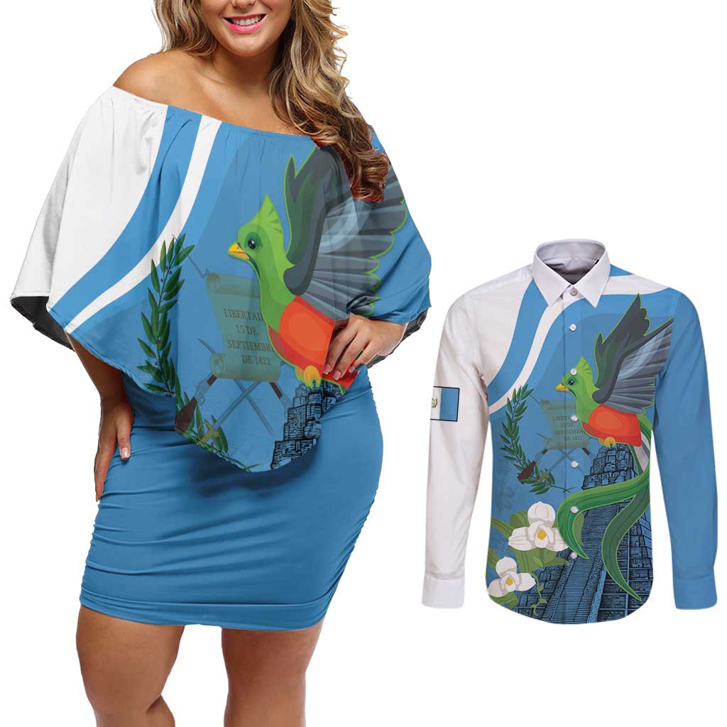 Guatemala Independence Day Couples Matching Off Shoulder Short Dress and Long Sleeve Button Shirt Guatemalan Quetzal Libre Crezca Fecundo - Wonder Print Shop