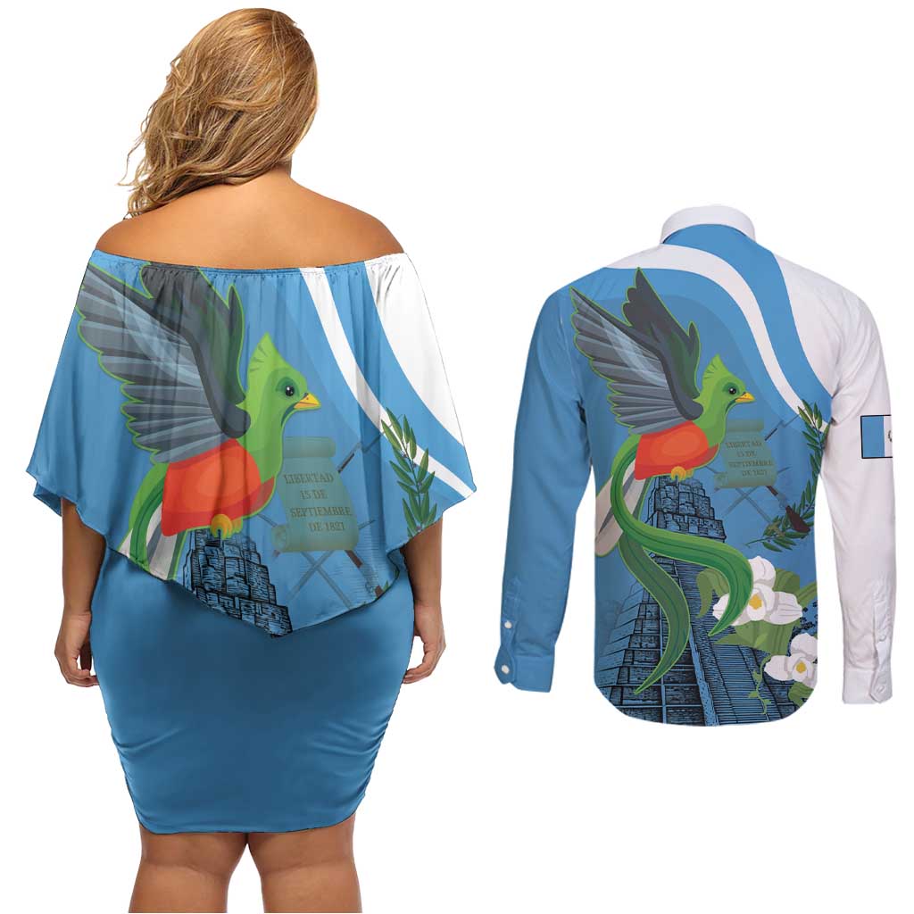Guatemala Independence Day Couples Matching Off Shoulder Short Dress and Long Sleeve Button Shirt Guatemalan Quetzal Libre Crezca Fecundo - Wonder Print Shop