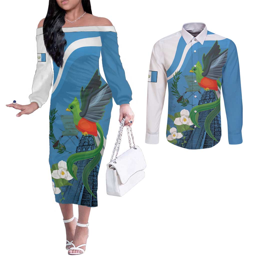 Guatemala Independence Day Couples Matching Off The Shoulder Long Sleeve Dress and Long Sleeve Button Shirt Guatemalan Quetzal Libre Crezca Fecundo - Wonder Print Shop