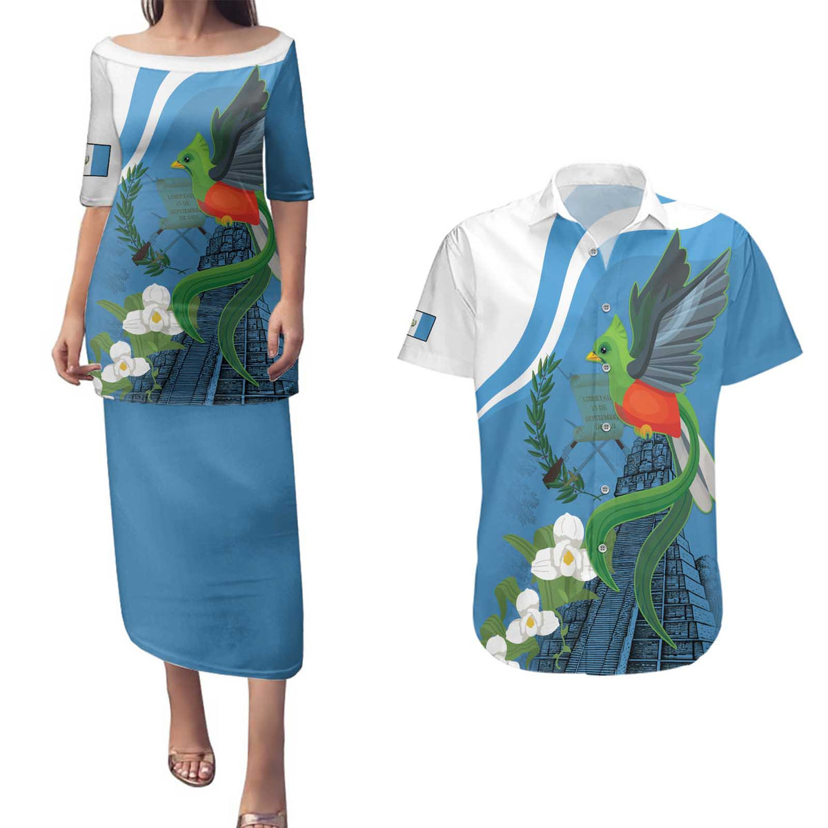 Guatemala Independence Day Couples Matching Puletasi and Hawaiian Shirt Guatemalan Quetzal Libre Crezca Fecundo - Wonder Print Shop