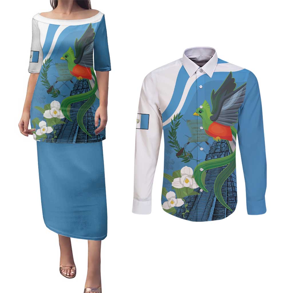 Guatemala Independence Day Couples Matching Puletasi and Long Sleeve Button Shirt Guatemalan Quetzal Libre Crezca Fecundo - Wonder Print Shop