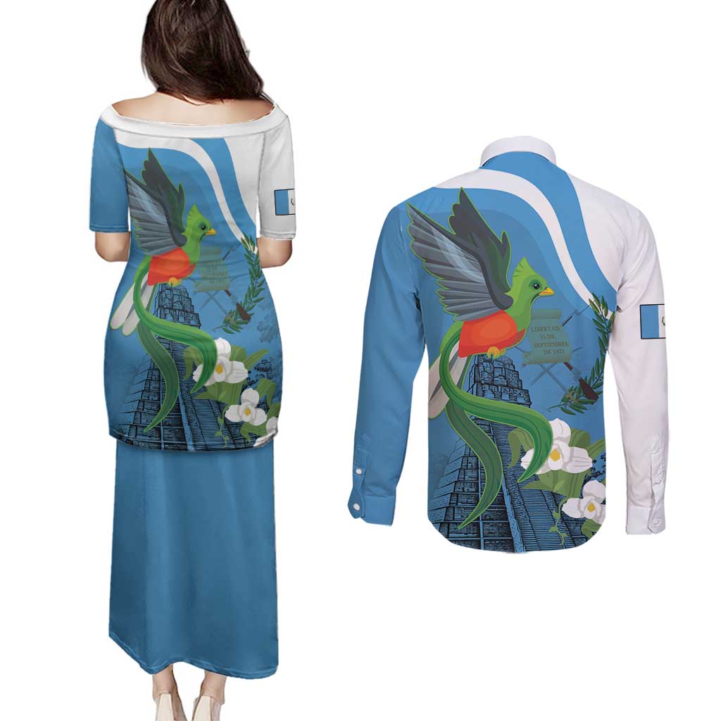 Guatemala Independence Day Couples Matching Puletasi and Long Sleeve Button Shirt Guatemalan Quetzal Libre Crezca Fecundo - Wonder Print Shop
